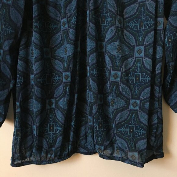 Moody Blue Semi Sheer V-neck Tribal Boho Blouse - Picture 4 of 15